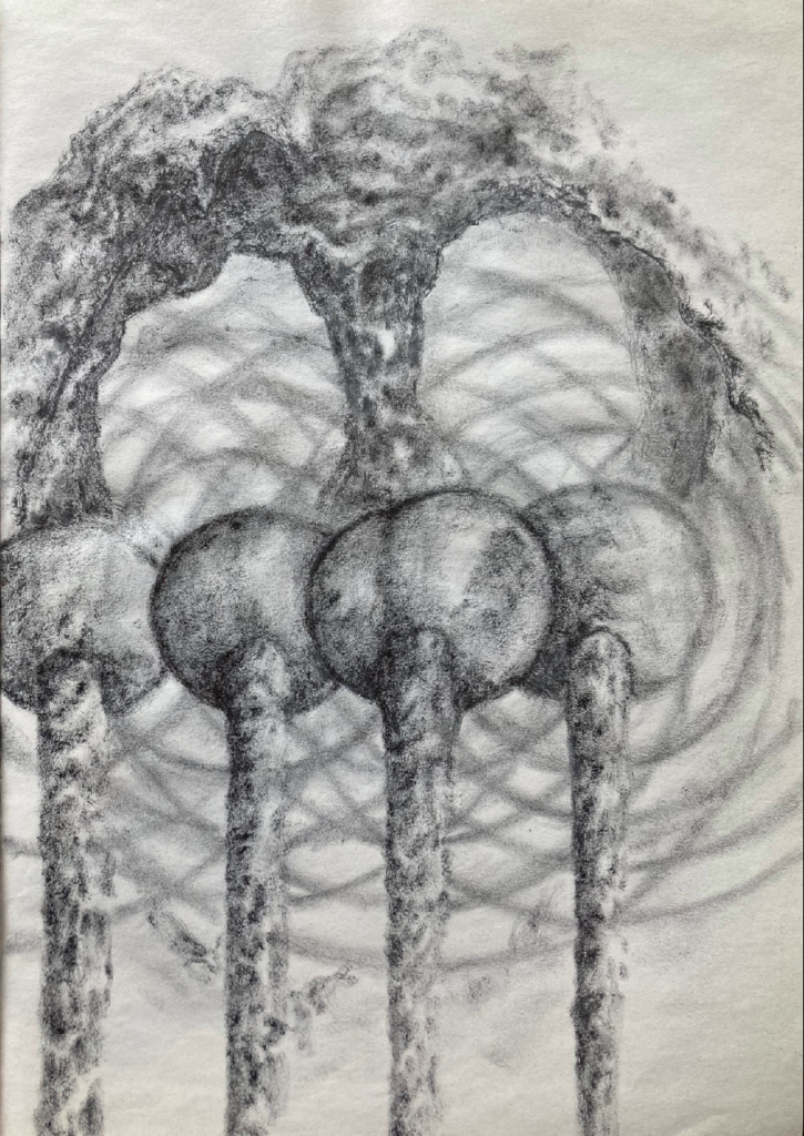 Dessin de l'artiste français Bruno Botella réalisé en 2021 au pinceau à calligraphie et représentant une image étrange et inattendue commune hallucination