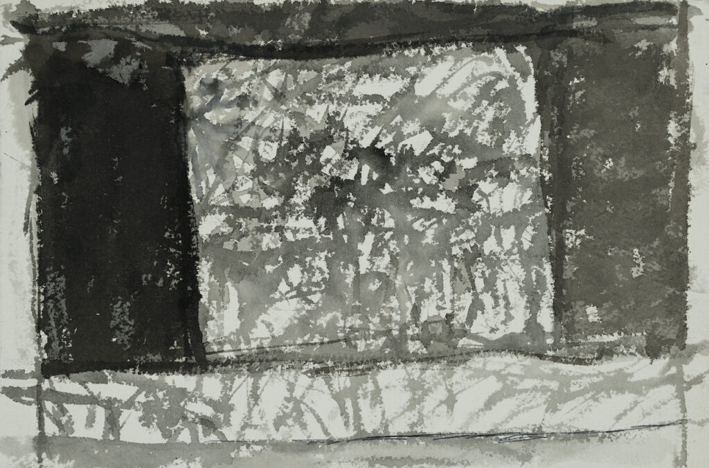 Abstract drawing in Indian ink by the French artist Colette Brunschwig, 1950, showing rectangles, parallelepipeds and cross-hatching in black and grey. 