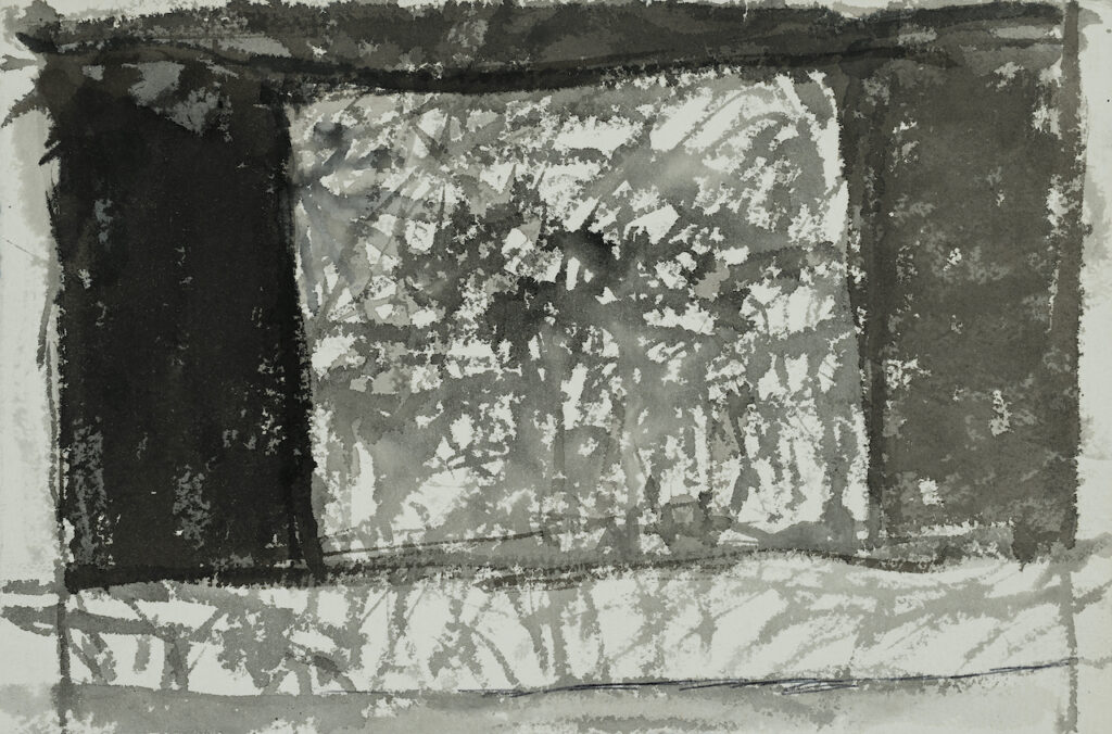 Colette Brunschwig, Sans titre, 1950, encre de Chine sur papier, 19 x 28 cm Dessin abstrait à l'encre de Chine réalisé par l'artiste française Colette Brunschwig en 1950 et représentant des rectangles, des parallélépipèdes et des hachures de couleur noir et grise