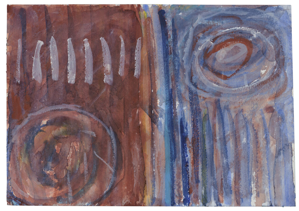 Aquarelle abstraite de l'artiste française Colette Brunschwig réalisée en 1960 et représentant deux rectangles contenant chacun un cercle et des traits de couleur bleue et ocre
