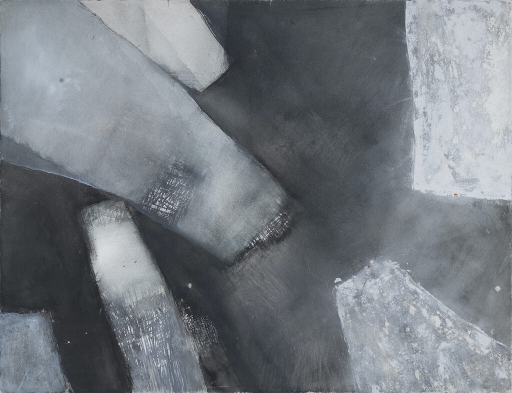 Œuvre abstraite à l'acrylique et à l'encre de Chine de l'artiste française Colette Brunschwig représentant des volumes gris sur fond noir, datant de 1973
