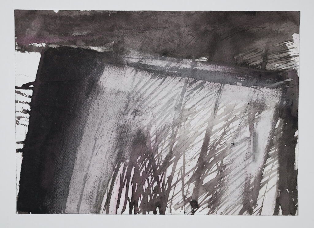 Colette Brunschwig, Sans titre, 2004 - 2011, encre de Chine et encre de couleur sur papier, 26 x 36 cm Dessin abstrait l'encre de chine réalisé par l'artiste française Colette Brunschwig entre 2004 et 2011 représentant des volumes et des hachures de couleur grise