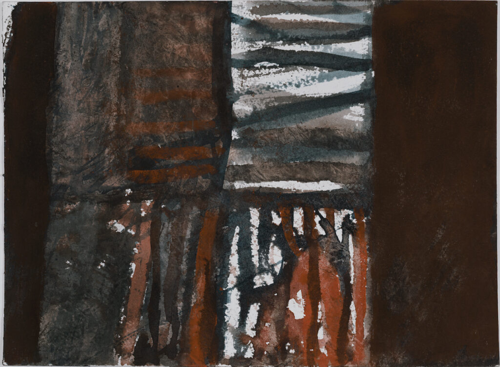 Abstract watercolour and gouache drawing by French artist Colette Brunschwig, created in 2000, showing squares, rectangles and cross-hatching in brown, ochre and black.