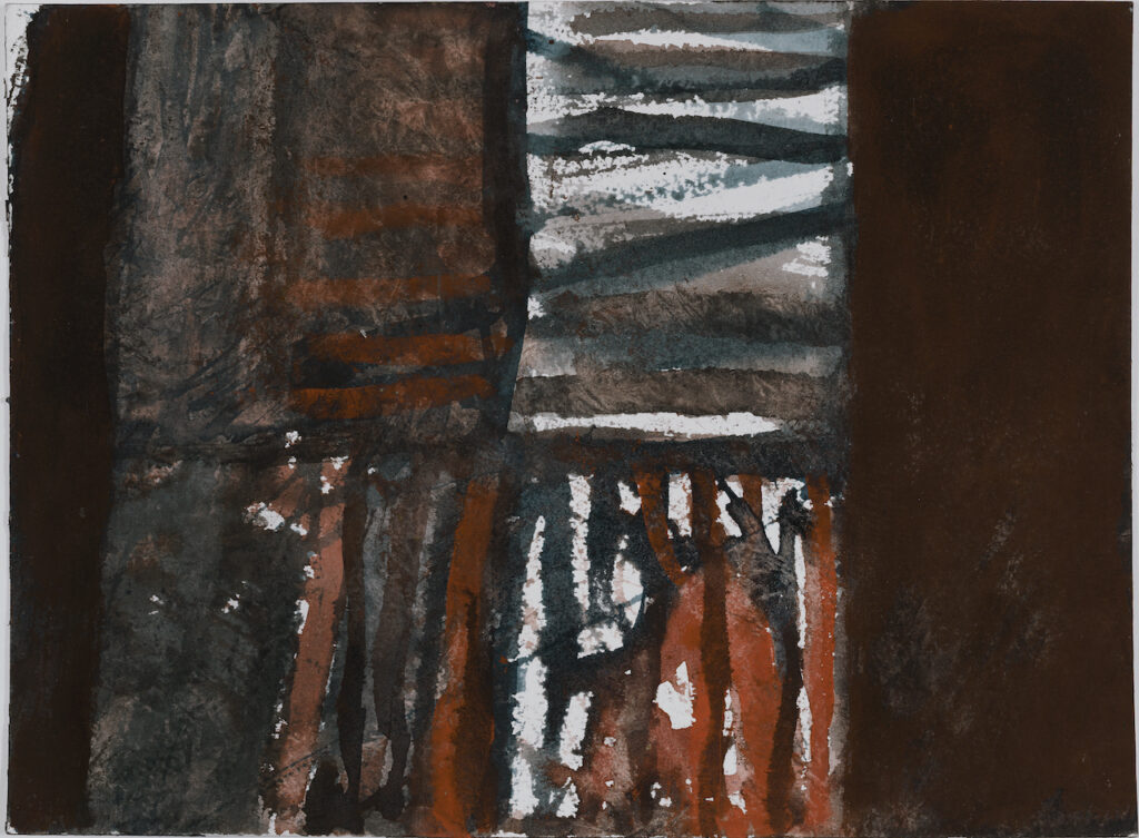 Colette Brunschwig, Sans titre, 2000, aquarelle et gouache sur papier, 23 x 31 cm Dessin abstrait à l'aquarelle et à la gouache de l'artiste française Colette Brunschwig réalisé en 2000 et représentant des carrés, des rectangles et des hachures de couleur marron, ocre et noire