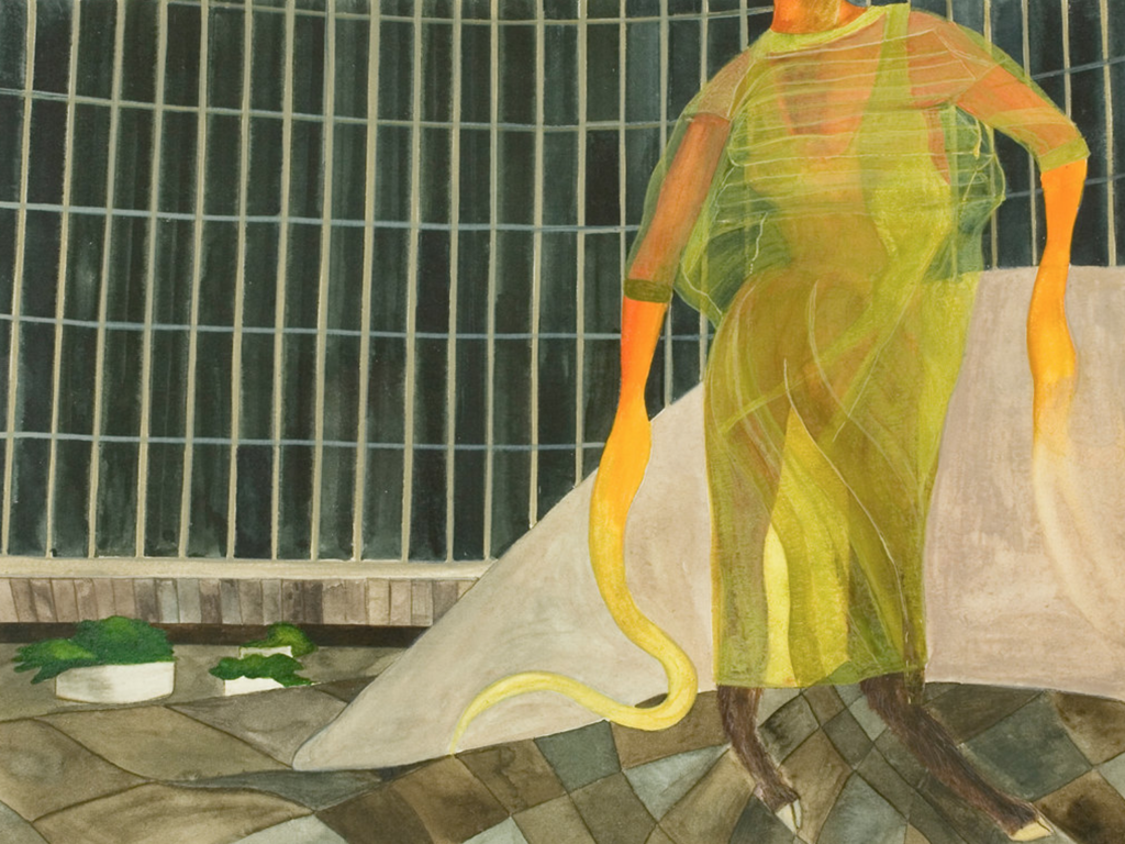 Dessin de l'artiste allemande Isa Melsheimer représentant un bâtiment moderniste et un personnage mi-homme mi-humain.