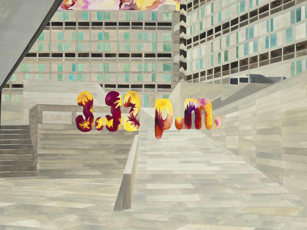 Isa Melsheimer, Nr330, 2013, gouache sur papier, 42 x 56 cm Dessin de l'artiste allemande Isa Melsheimer représentant un bâtiment moderniste.