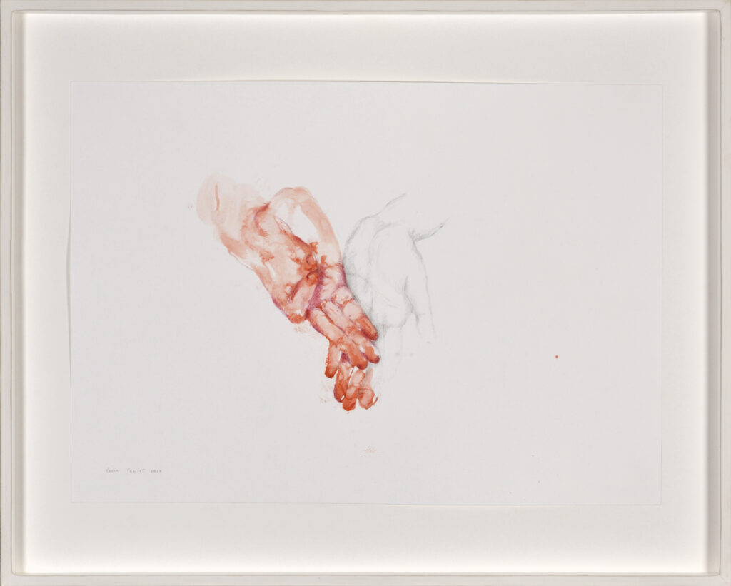 Laura Lamiel, Territoires intimes, 2020, encre de chine, stylo, mine de plomb sur papier, 42 x 29,7 cm, 48 x 35,5 cm encadré, unique Dessin à la minette plomb et à l'encre rouge de l'artiste française Laura Lamiel datant de 2020 représentant deux mains
