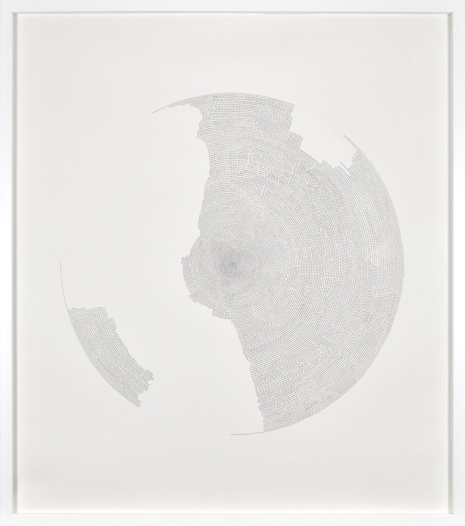 Dessin à l'encre de chine noire de l'artiste française Laura Lamiel datant de 2012 représentant des cercles concentriques dessinés à l'aide de fines hachures