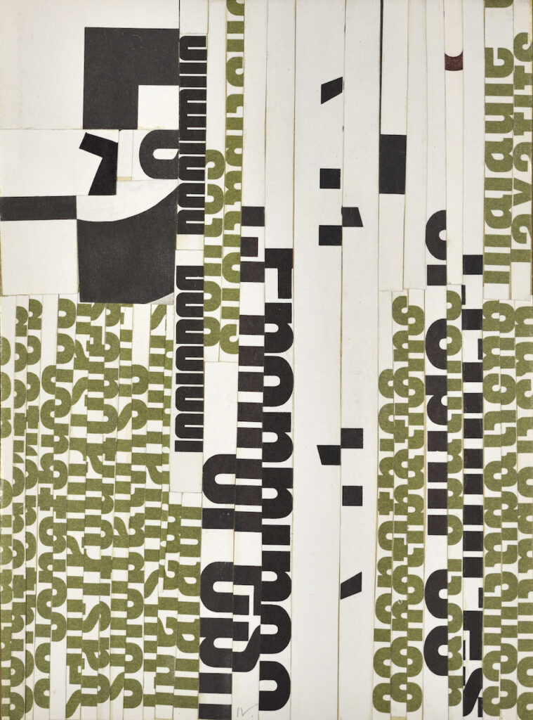 Collage abstrait de l'artiste française Aurelie Nemours datant de 1968, réalisé partir de lettrages découpés dans du papier journal.