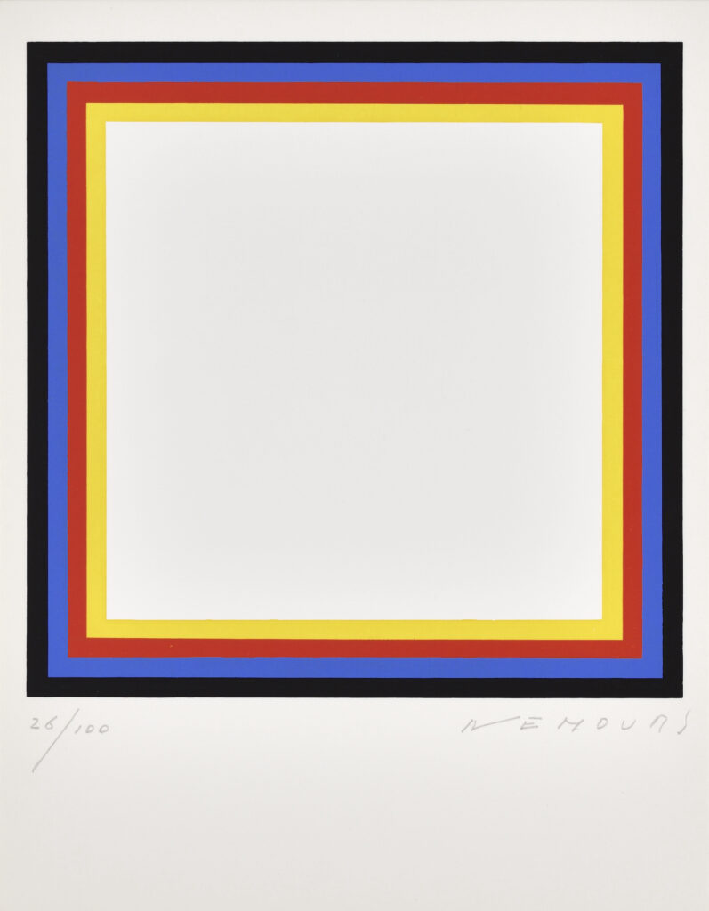Abstract silkscreen print by the French artist Aurelie Nemours dating from 1970, representing a sequence of black, blue, red and yellow squares around a white square.