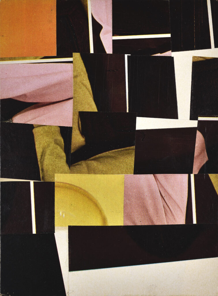 Collage abstrait de l'artiste française Aurelie Nemours datant de 1965, réalisé partir de morceaux de papier noir, jaune, blanc, rose et orange découpés dans des journaux. 