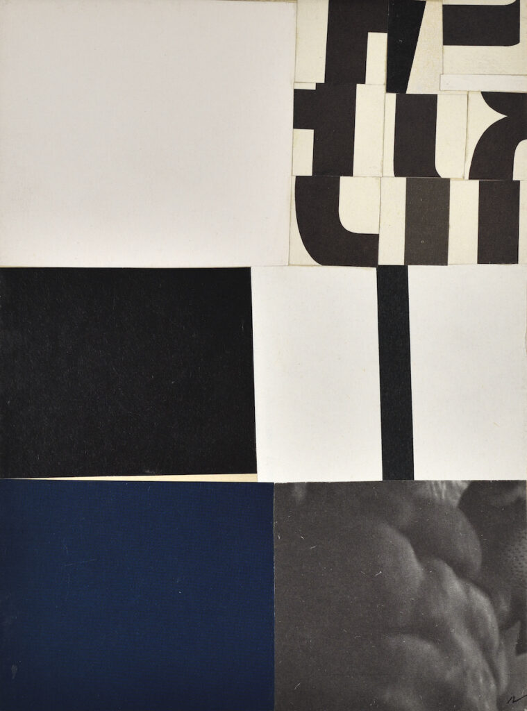 Collage abstrait de l'artiste française Aurelie Nemours datant de 1965, réalisé partir de morceaux de papier noir, bleu et blanc découpés dans des journaux. 