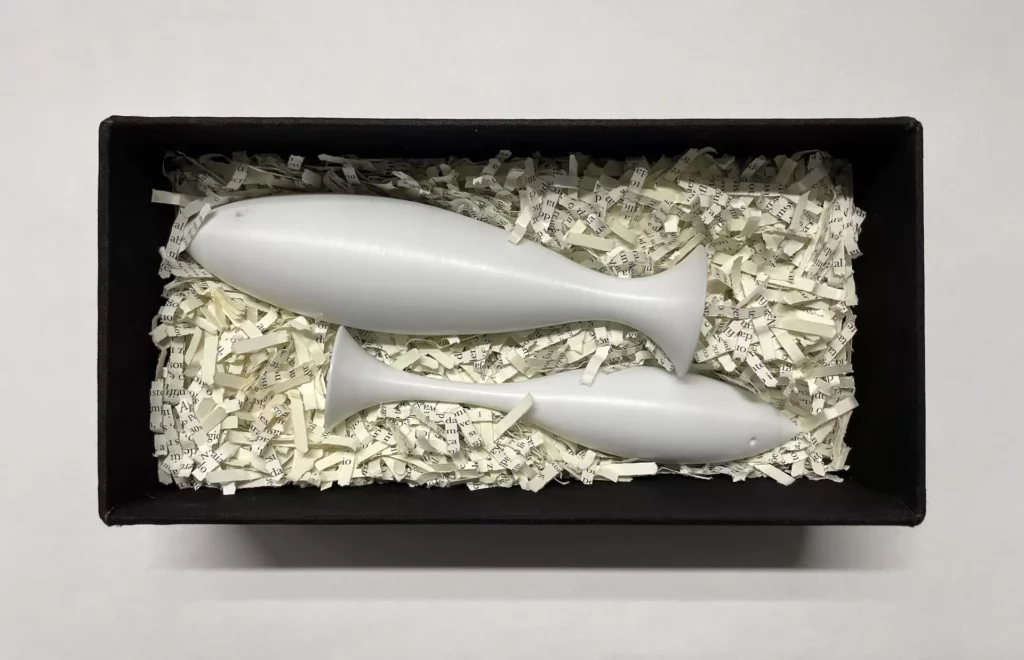 Francisco Tropa, Pantheon, 2021, 2 sculptures dans une boîte, 1/2 : 19 x 5 x 5 cm, 2/2 : 17,5 x 4 x 4 cm. Boîte : 8,5 x 26 x 13 cm, unique Sculpture de l'artiste portugais Francisco Tropa intitulée Pantheon, se présentant sous la forme d'une boite noire dans laquelle reposent deux sculptures de poissons en résine blanche couchée sur un lit de papier découpée.
