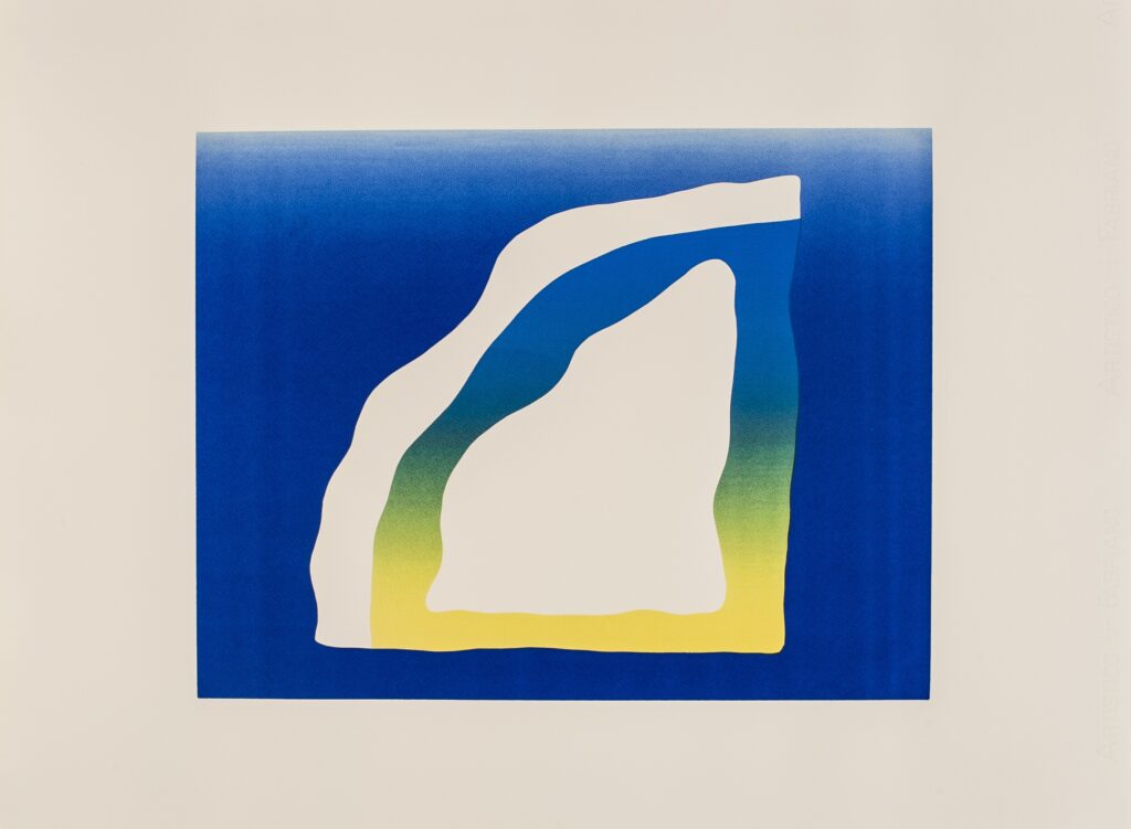 Sérigraphie datant de 2012 par l'artiste portugais Francisco Tropa s'inspirant d'une cosmographie médiévale dans des teintes bleues, jaune et verte.