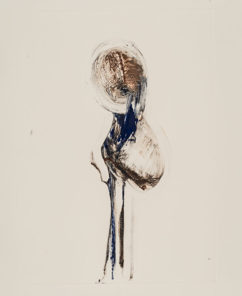 Monotype datant de 2014 par l'artiste portugais Francisco Tropa représentant une forme peinte en marron et bleu.