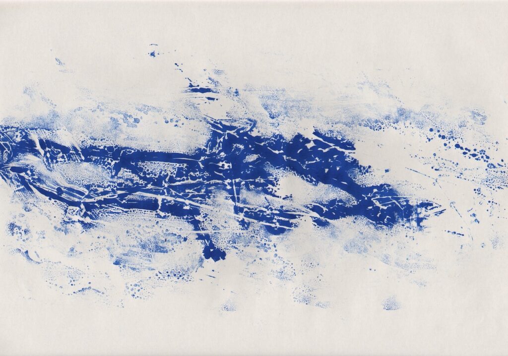 Monotype sur papier datant de 2011 par l'artiste Katinka Bock, réalisé en imprimant la feuille sur de l'herbe peinte en bleu