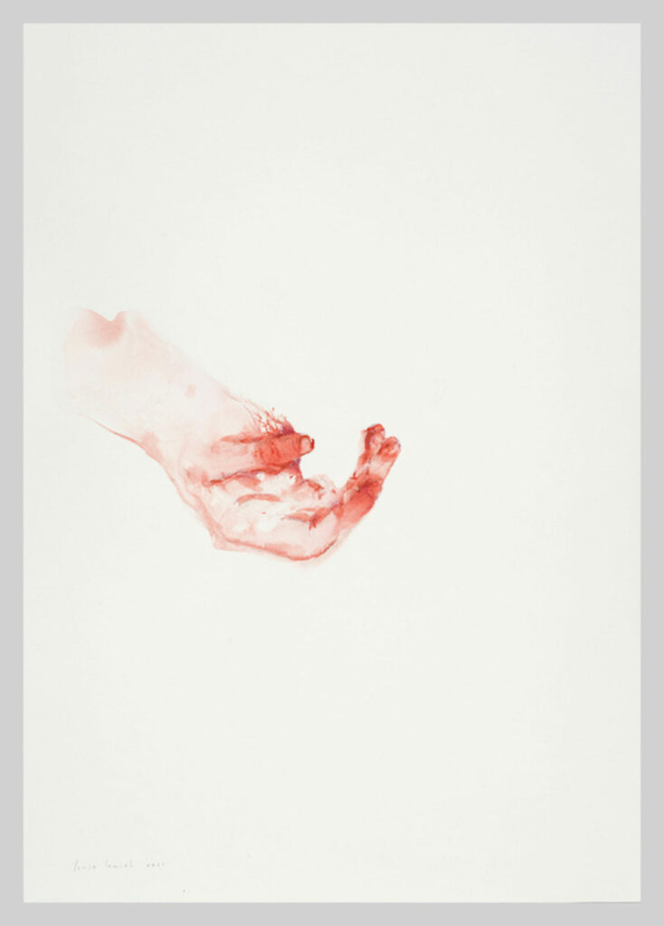 Dessin à la mine de plomb et à l'encre rouge de l'artiste française Laura Lamiel datant de 2020 représentant une main