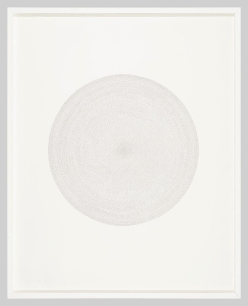 Black Indian ink drawing by the French artist Laura Lamiel depicting concentric circles drawn with fine hatching