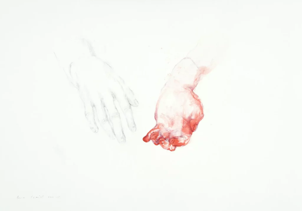 Red ink drawing by French artist Laura Lamiel dated 2020 representing two hands, from the Territoires intimes series