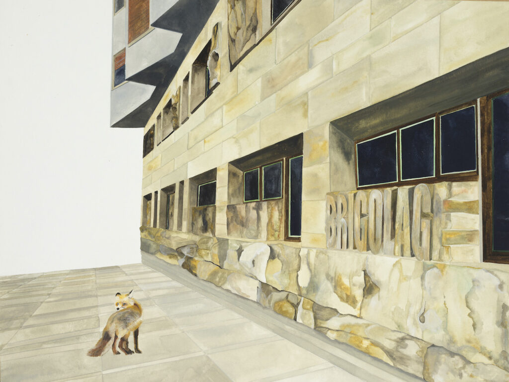 Gouache drawing on paper by the German artist Isa Melsheimer showing a modernist building with a fox standing in front of it.