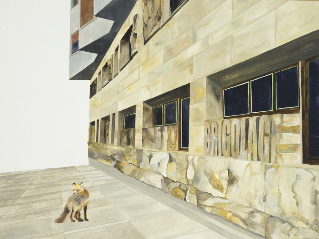 Isa Melsheimer, Nr 331, 2013, gouache sur papier, 42 x 56 cm Dessin sur papier réalisé à la gouache par l'artiste allemande Isa Melsheimer représentant un édifice moderniste devant lequel se tient un renard