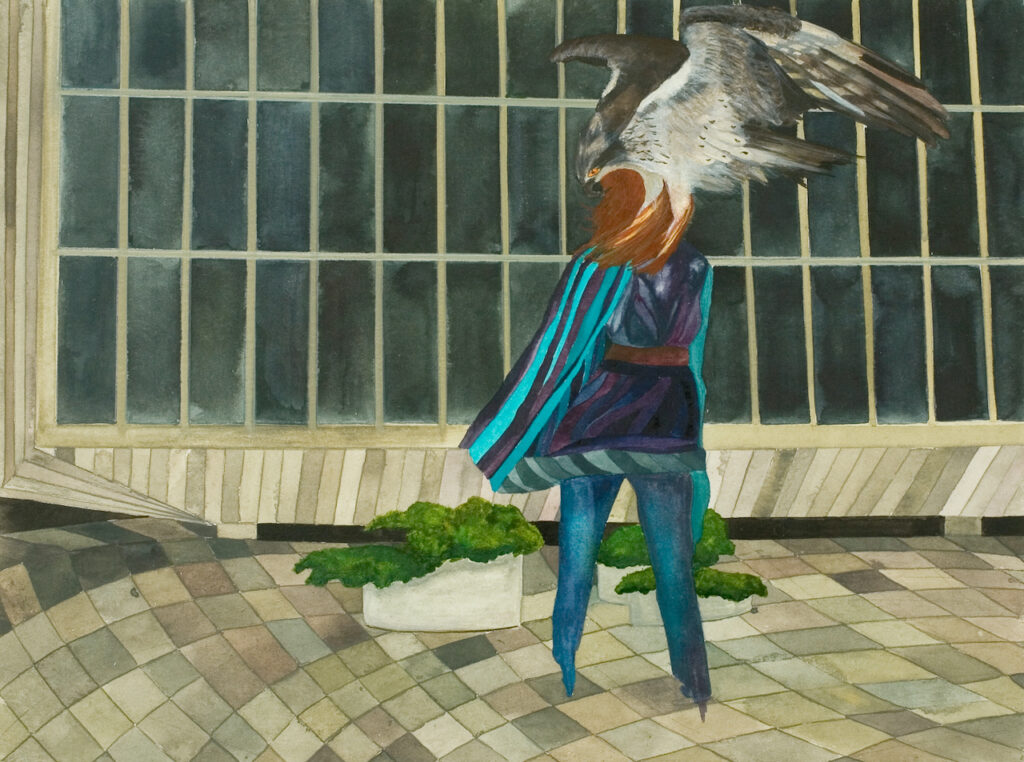 Gouache drawing on paper by the German artist Isa Melsheimer depicting a modernist building in front of which is standing a woman dressed in blue with an eagle on her hair.