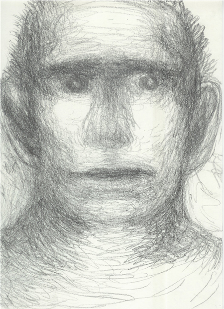 Pencil drawing of a survivor by the Swiss artist Miriam Cahn, 1998