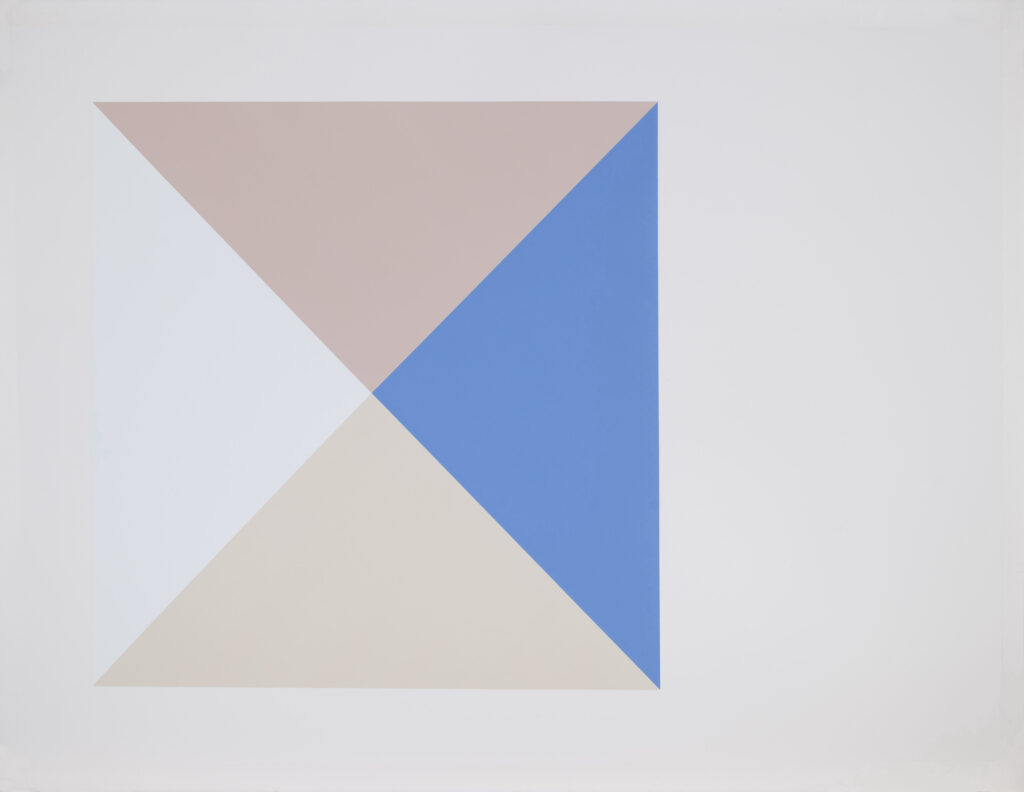 Drawing from 2018 by the French artist Elodie Seguin made with inks and acrylic paint representing a pyramid seen from above made up of blue, pink and white triangles.