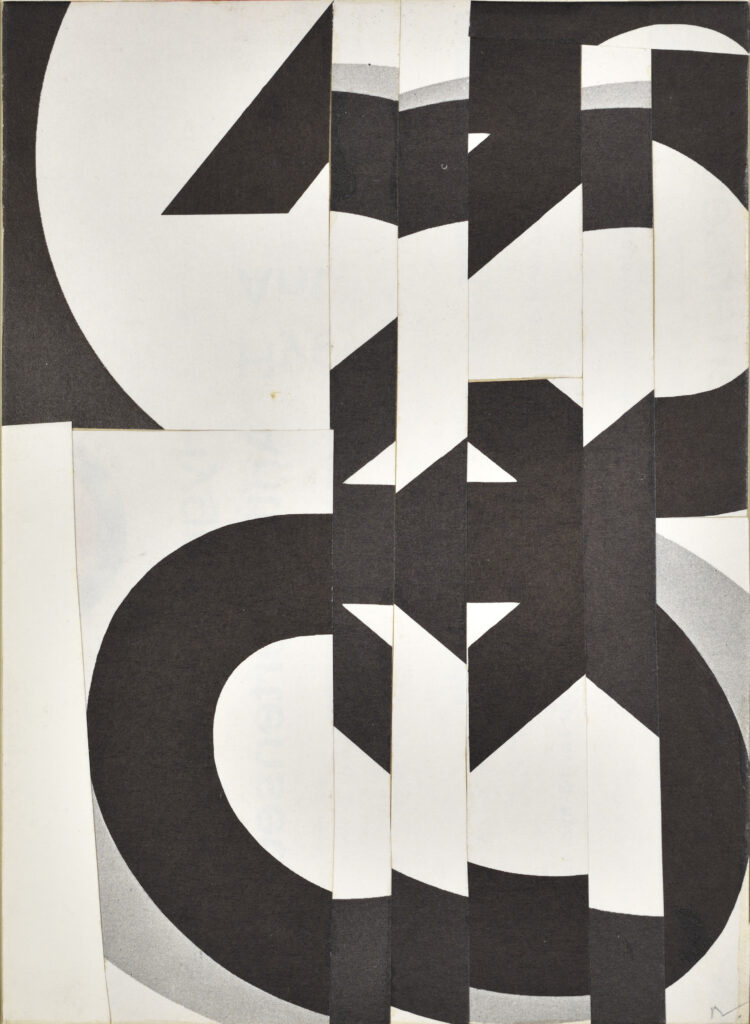 Collage abstrait de l'artiste Aurelie Nemours réalisé en 1968 à partir de papier journal à la demande d'Imre Pan 