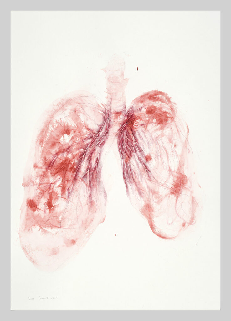 Laura Lamiel, Territoires intimes, 2020-22, indian ink, ballpoint pen, graphite on paper, 42 x 29,7 cm, unique Red ink drawing by French artist Laura Lamiel from 2020 depicting lungs, from the series Territoires intimes