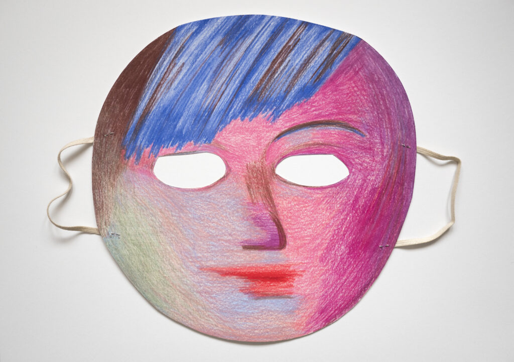 Prinz Gholam, Blue Hair, 2022, coloured pencil on paper, elastic band, ca 26 x 26 cm, unique Performative mask drawn in coloured pencil by the artist duo Prinz Gholam