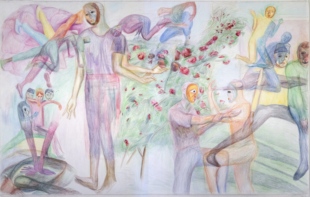 Performance drawing by the Prinz Gholam duo in coloured pencil showing several characters in various poses