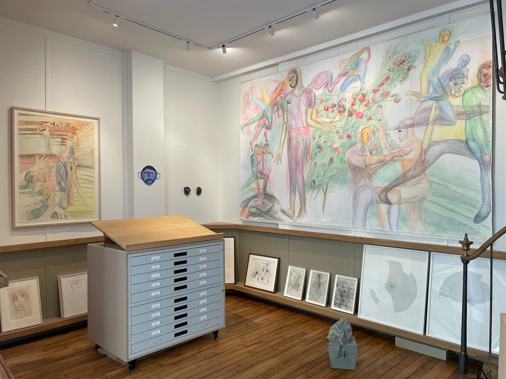 View of Prinz Gholam's exhibition There are Eyes, showing performative drawings in coloured pencil