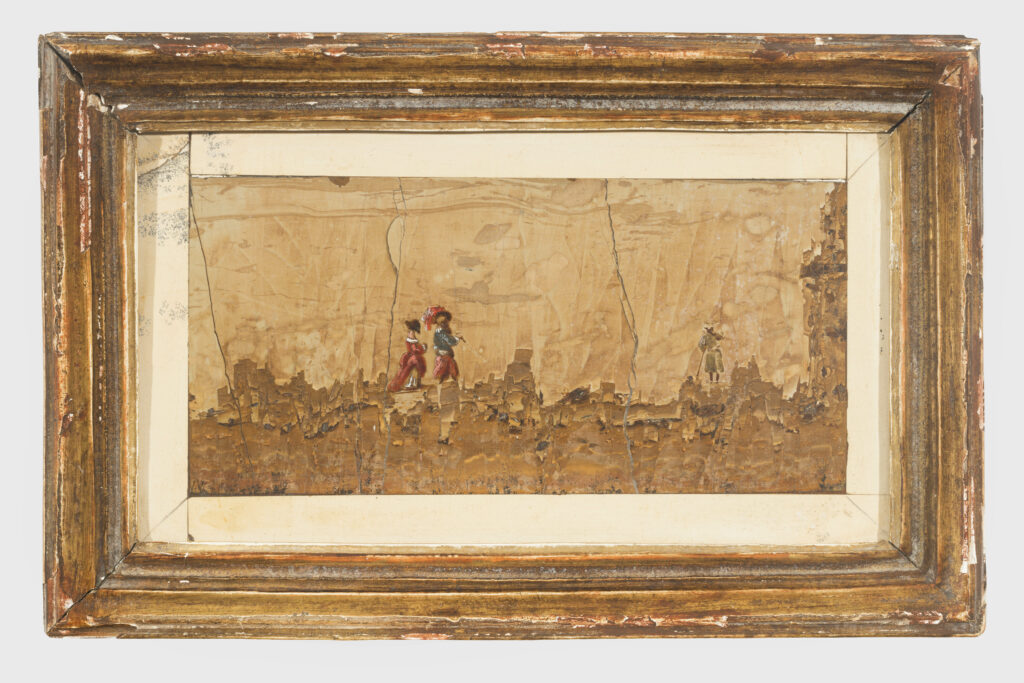 Anonymous oil painting on a paesine plaque depicting a woman and a man walking in a rocky landscape