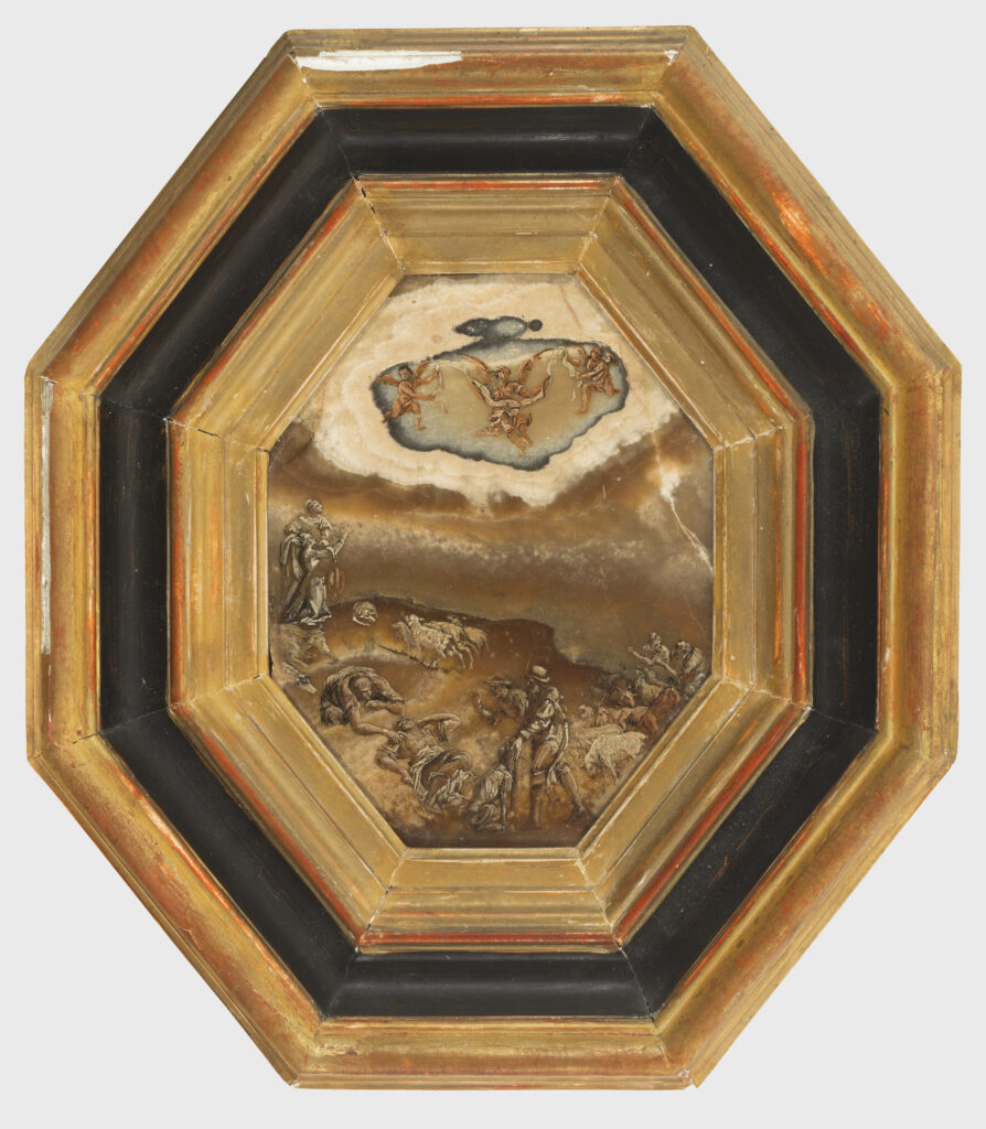 Filippo Napoletano, circle of, The angels announce the birth of the Messiah to the shepherds, 17th century, oil on travertine, 29 x 25.5 cm 17th-century oil painting on travertine by Filippo Napoletano, depicting the angels announcing the birth of the Messiah to the shepherds