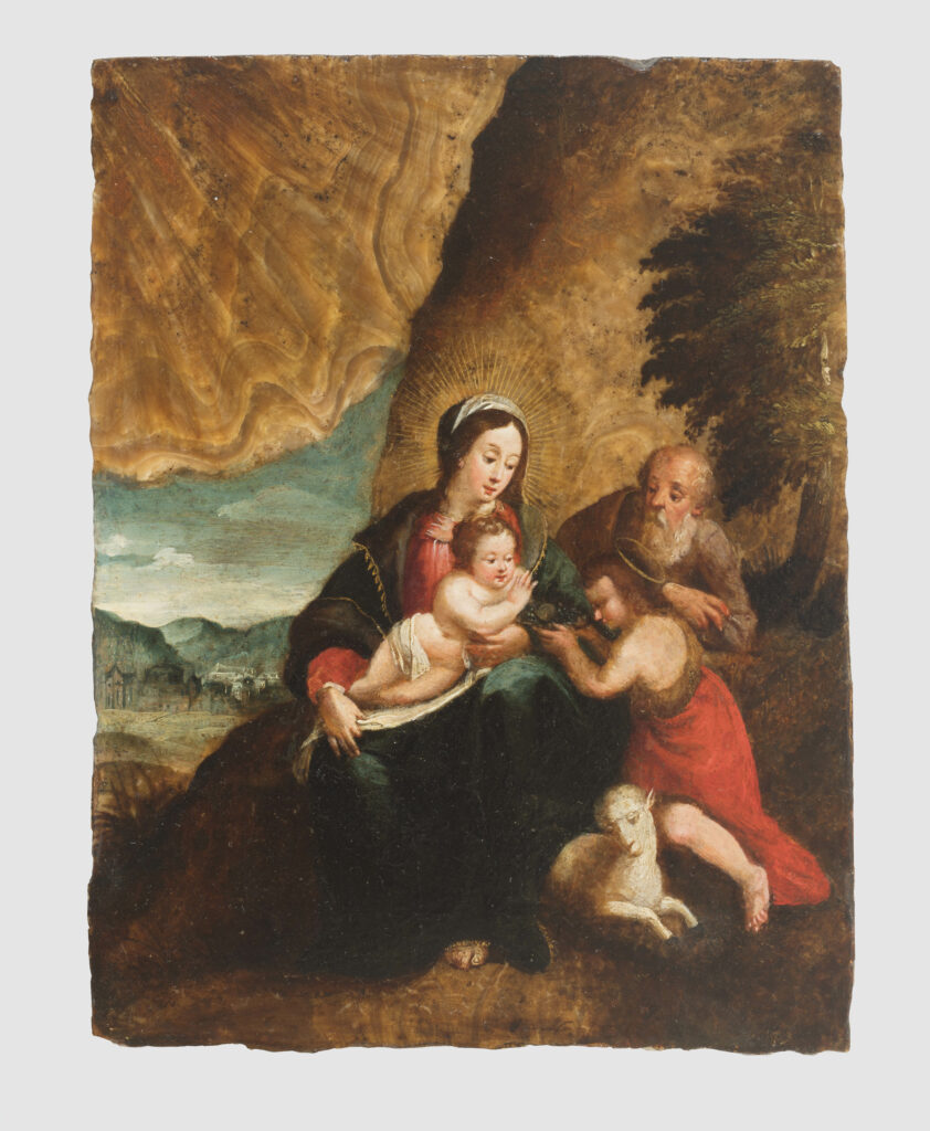17th-century oil painting on travertine attributed to an anonymous Spanish artist, depicting the Virgin Mary and the Christ Child